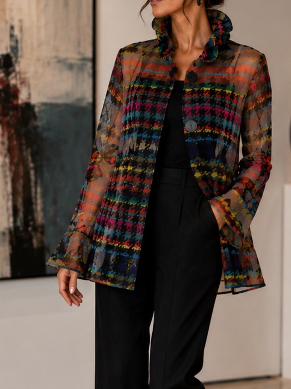 Damee Inc Swing Jacket Sheer Multi Colorful Wire Collar Excellent Size L